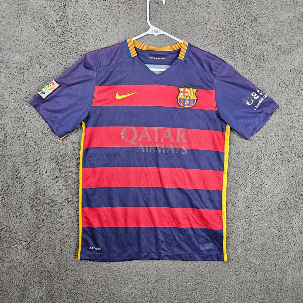 Nike FC Barcelona Mens Small 2015-16 Home Jersey Blue Red Striped Qatar Airways